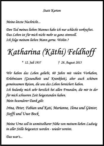 Anzeige von Katharina Feldhoff von Kölner Stadt-Anzeiger / Kölnische Rundschau / Express