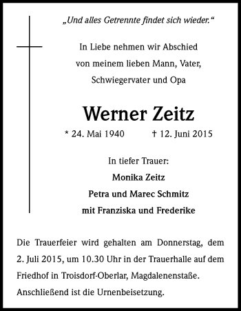 Anzeige von Werner Zeitz von Kölner Stadt-Anzeiger / Kölnische Rundschau / Express