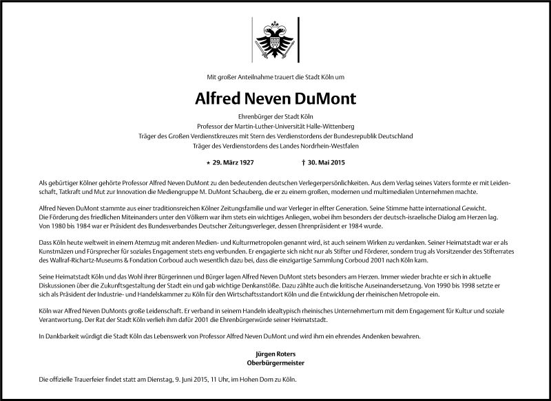  Traueranzeige für Alfred Neven DuMont vom 06.06.2015 aus Kölner Stadt-Anzeiger / Kölnische Rundschau / Express