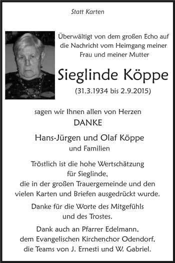 Anzeige von Sieglinde Köppe von Kölner Stadt-Anzeiger / Kölnische Rundschau / Express