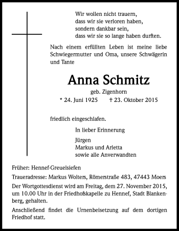 Anzeige von Anna Schmitz von Kölner Stadt-Anzeiger / Kölnische Rundschau / Express
