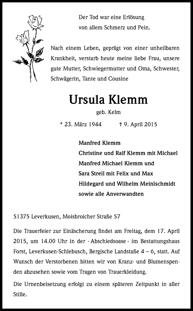  Traueranzeige für Ursula Klemm vom 15.04.2015 aus Kölner Stadt-Anzeiger / Kölnische Rundschau / Express