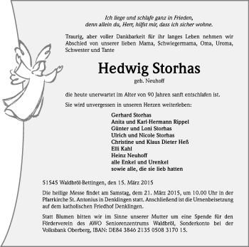Anzeige von Hedwig Storhas von Kölner Stadt-Anzeiger / Kölnische Rundschau / Express