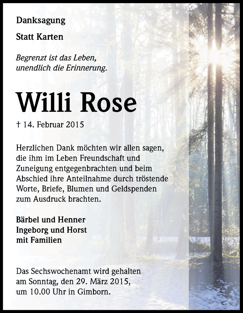 Traueranzeige für Willi Rose vom 28.03.2015 aus Kölner Stadt-Anzeiger / Kölnische Rundschau / Express
