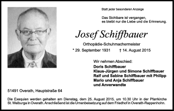 Anzeige von Josef Schiffbauer von Kölner Stadt-Anzeiger / Kölnische Rundschau / Express