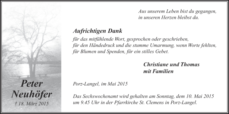  Traueranzeige für Peter Neuhöfer vom 06.05.2015 aus  Kölner Wochenspiegel  Extra Blatt 