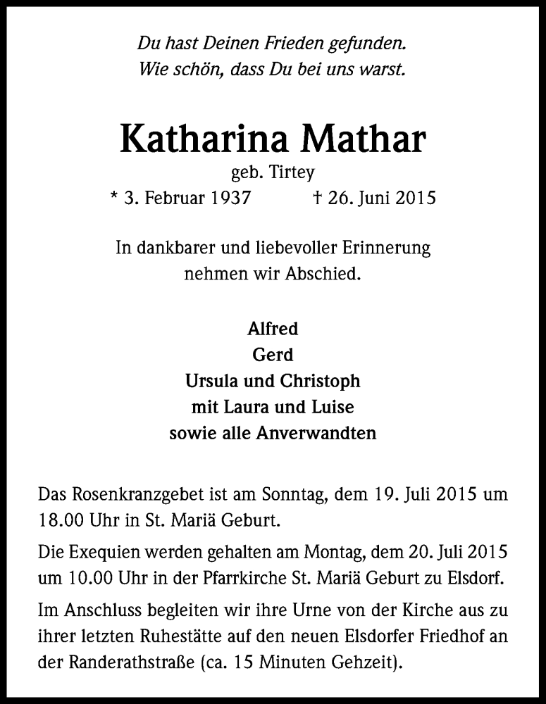  Traueranzeige für Katharina Mathar vom 11.07.2015 aus Kölner Stadt-Anzeiger / Kölnische Rundschau / Express