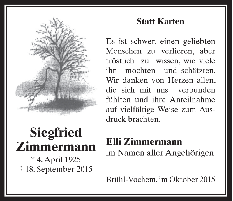  Traueranzeige für Siegfried Zimmermann vom 21.10.2015 aus  Schlossbote/Werbekurier 