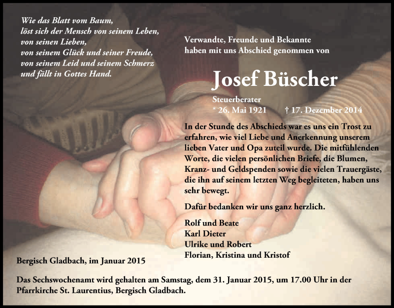  Traueranzeige für Josef Büscher vom 24.01.2015 aus Kölner Stadt-Anzeiger / Kölnische Rundschau / Express