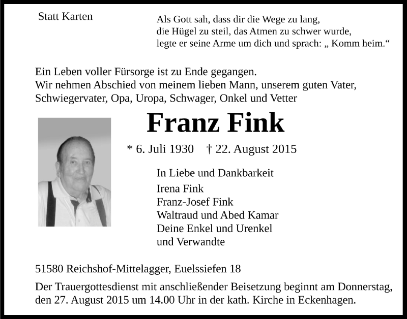  Traueranzeige für Franz Fink vom 26.08.2015 aus  Anzeigen Echo 