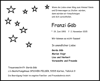 Anzeige von Franzi Gäb von Kölner Stadt-Anzeiger / Kölnische Rundschau / Express