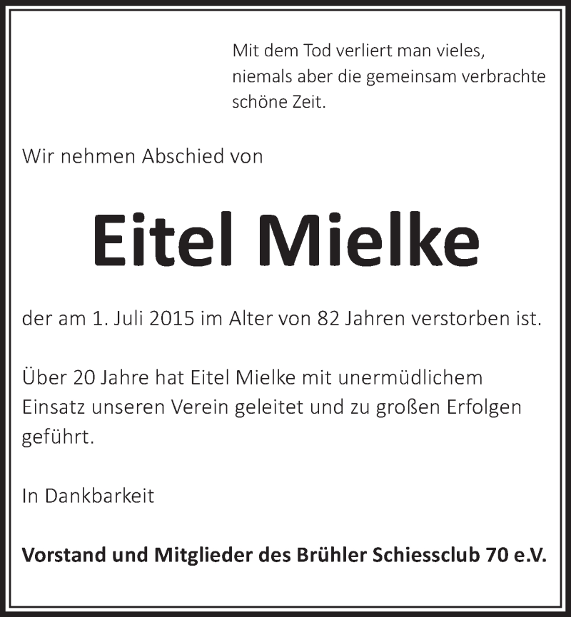  Traueranzeige für Eitel Mielke vom 22.07.2015 aus  Schlossbote/Werbekurier 