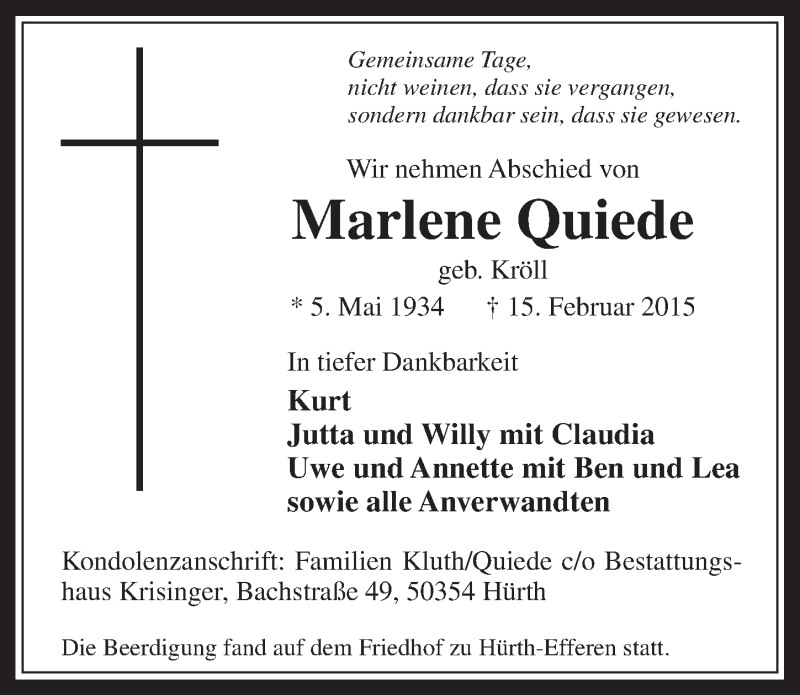  Traueranzeige für Marlene Quiede vom 25.02.2015 aus  Wochenende 