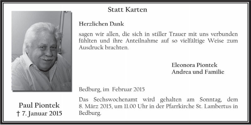  Traueranzeige für Paul Piontek vom 25.02.2015 aus  Werbepost 