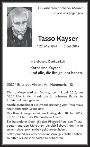 Anzeige von Tasso Kayser von  Werbepost 