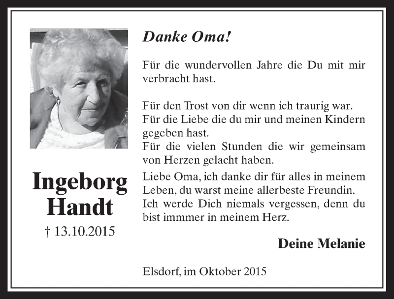  Traueranzeige für Ingeborg Handt vom 21.10.2015 aus  Werbepost 