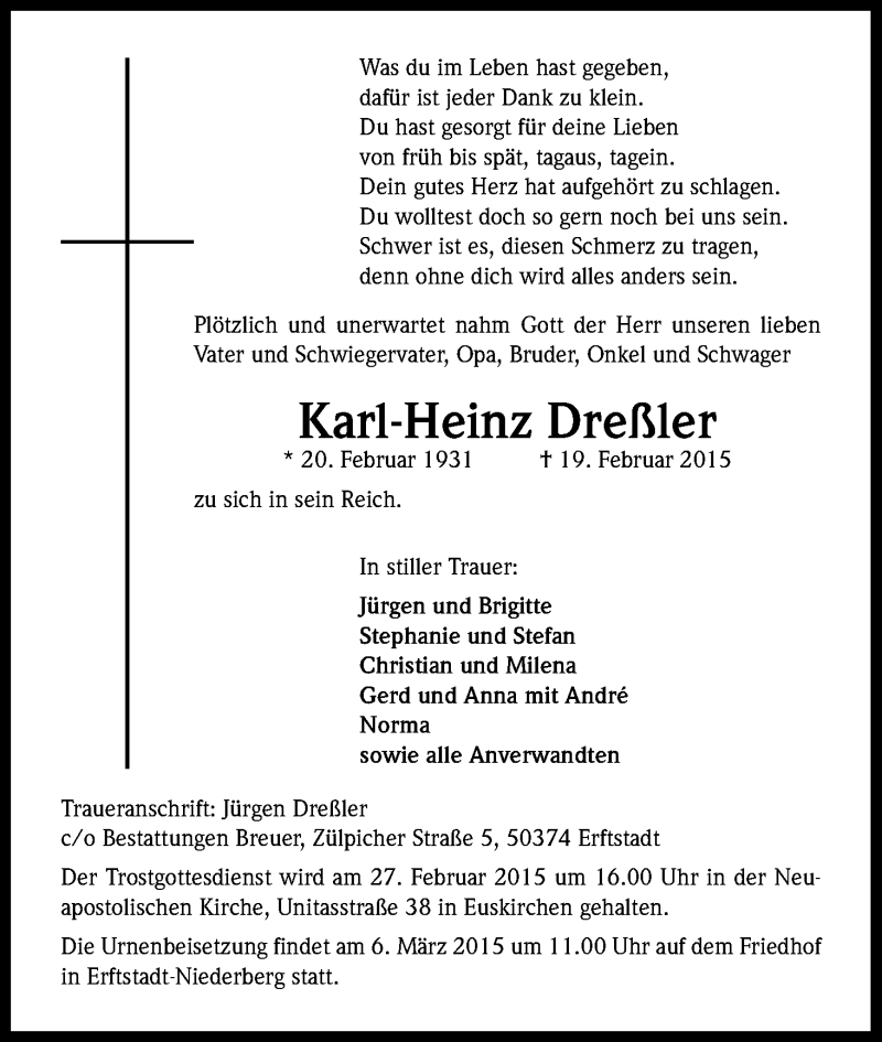  Traueranzeige für Karl-Heinz Dreßler vom 26.02.2015 aus Kölner Stadt-Anzeiger / Kölnische Rundschau / Express