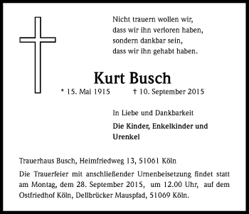 Anzeige von Kurt Busch von Kölner Stadt-Anzeiger / Kölnische Rundschau / Express