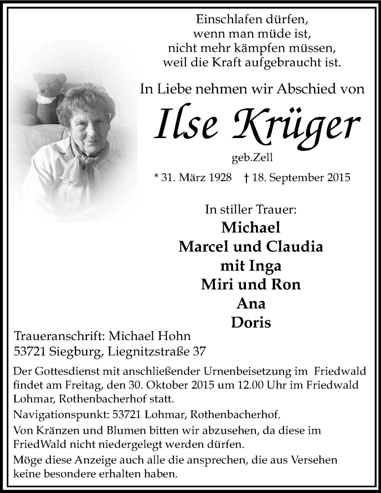  Traueranzeige für Ilse Krüger vom 10.10.2015 aus Kölner Stadt-Anzeiger / Kölnische Rundschau / Express