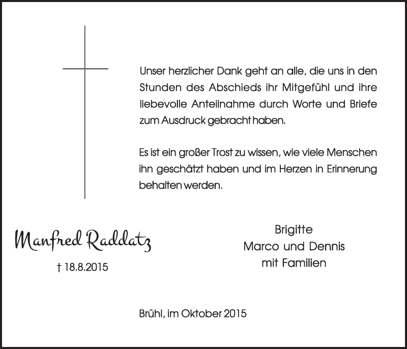  Traueranzeige für Manfred Raddatz vom 28.10.2015 aus  Schlossbote/Werbekurier 