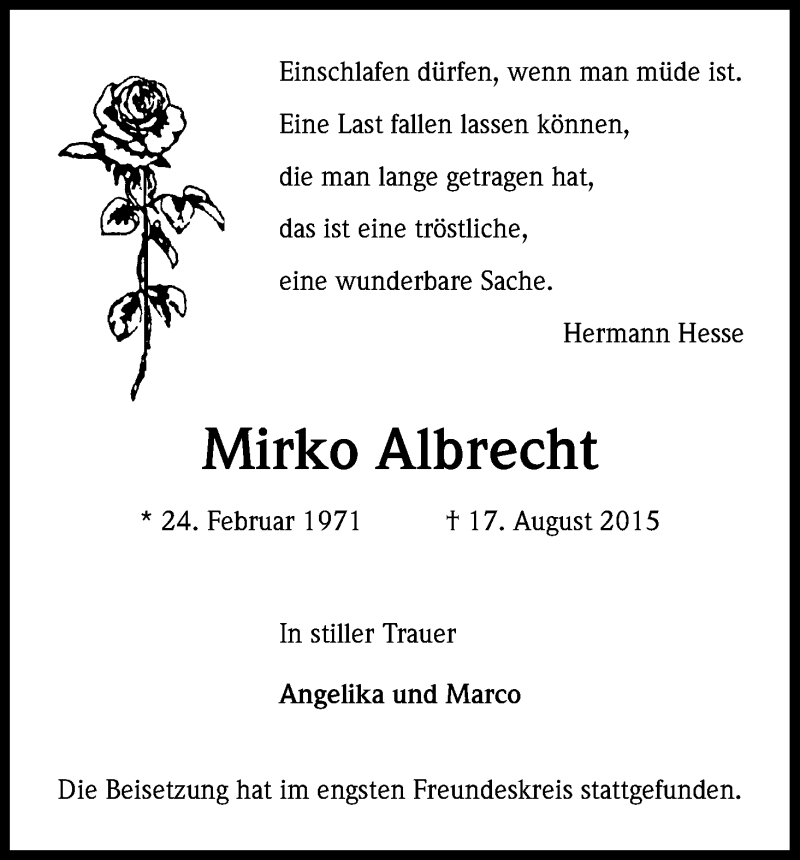  Traueranzeige für Mirko Albrecht vom 25.08.2015 aus Kölner Stadt-Anzeiger / Kölnische Rundschau / Express