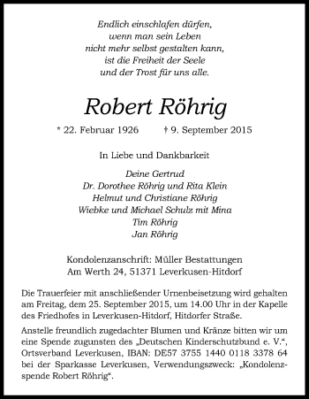 Anzeige von Robert Röhrig von Kölner Stadt-Anzeiger / Kölnische Rundschau / Express