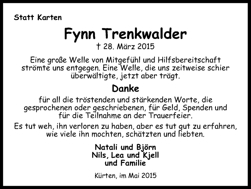  Traueranzeige für Fynn Trenkwalder vom 07.05.2015 aus Kölner Stadt-Anzeiger / Kölnische Rundschau / Express