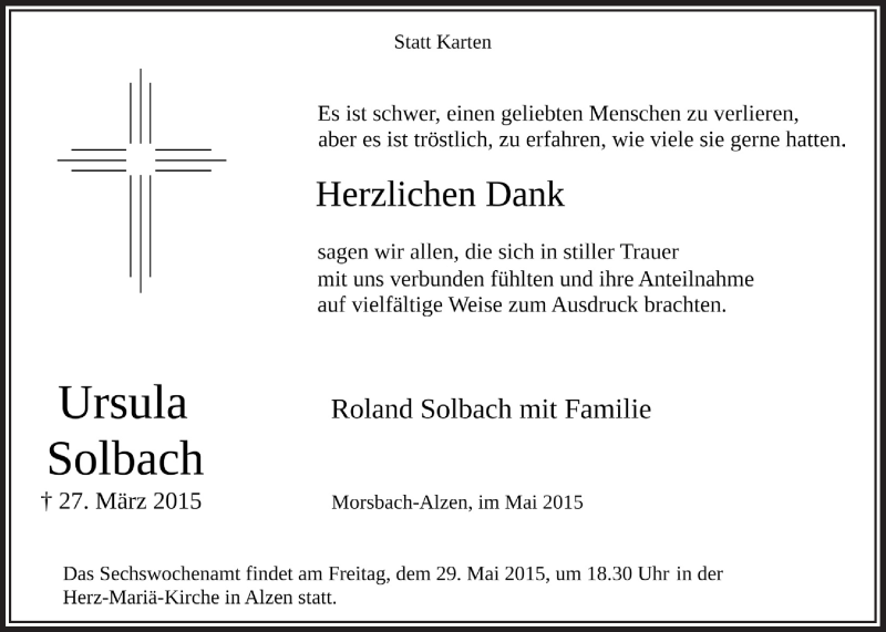  Traueranzeige für Ursula Solbach vom 27.05.2015 aus  Lokalanzeiger 