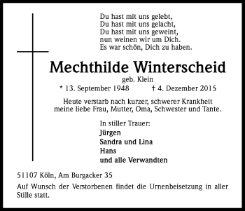 Anzeige von Mechthilde Winterscheid von Kölner Stadt-Anzeiger / Kölnische Rundschau / Express