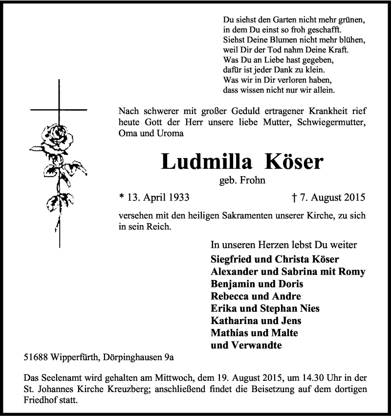  Traueranzeige für Ludmilla Köser vom 15.08.2015 aus Kölner Stadt-Anzeiger / Kölnische Rundschau / Express