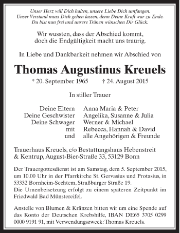 Anzeige von Thomas Augustinus Kreuels von  Schaufenster/Blickpunkt 