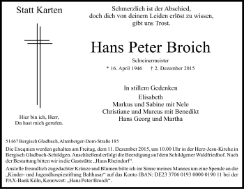 Anzeige von Hans Peter Broich von Kölner Stadt-Anzeiger / Kölnische Rundschau / Express