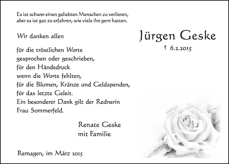  Traueranzeige für Jürgen Geske vom 11.03.2015 aus  Schlossbote/Werbekurier 