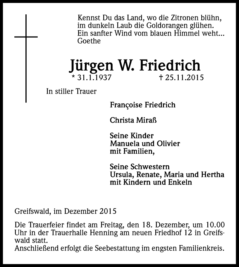  Traueranzeige für Jürgen  Friedrich vom 05.12.2015 aus Kölner Stadt-Anzeiger / Kölnische Rundschau / Express