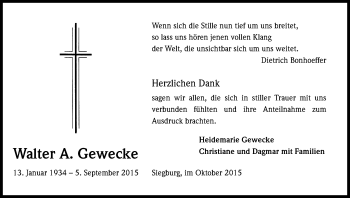 Anzeige von Walter A. Gewecke von Kölner Stadt-Anzeiger / Kölnische Rundschau / Express