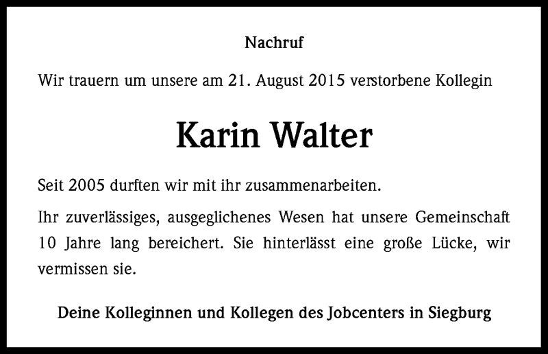  Traueranzeige für Karin Walter vom 24.10.2015 aus Kölner Stadt-Anzeiger / Kölnische Rundschau / Express
