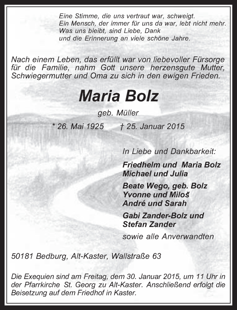  Traueranzeige für Maria Bolz vom 28.01.2015 aus  Werbepost 