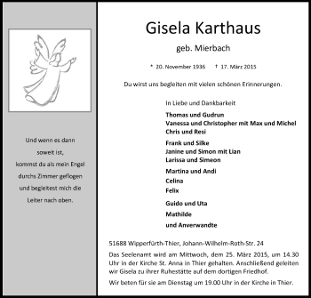 Anzeige von Gisela Karthaus von Kölner Stadt-Anzeiger / Kölnische Rundschau / Express