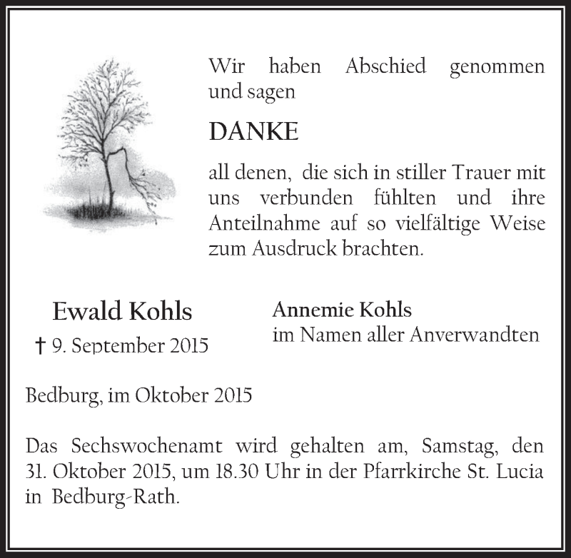  Traueranzeige für Ewald Kohls vom 28.10.2015 aus  Werbepost 