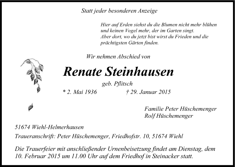  Traueranzeige für Renate Steinhausen vom 04.02.2015 aus Kölner Stadt-Anzeiger / Kölnische Rundschau / Express