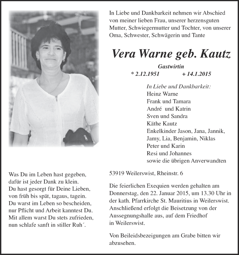 Traueranzeige für Vera Warne vom 18.01.2015 aus  Blickpunkt Euskirchen 