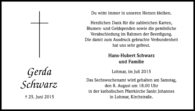  Traueranzeige für Gerda Schwarz vom 01.08.2015 aus Kölner Stadt-Anzeiger / Kölnische Rundschau / Express