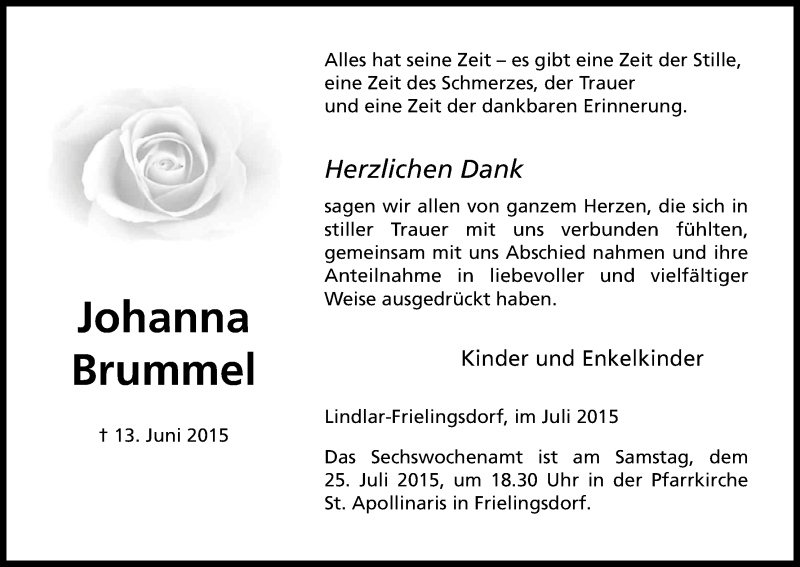  Traueranzeige für Johanna Brummel vom 18.07.2015 aus Kölner Stadt-Anzeiger / Kölnische Rundschau / Express