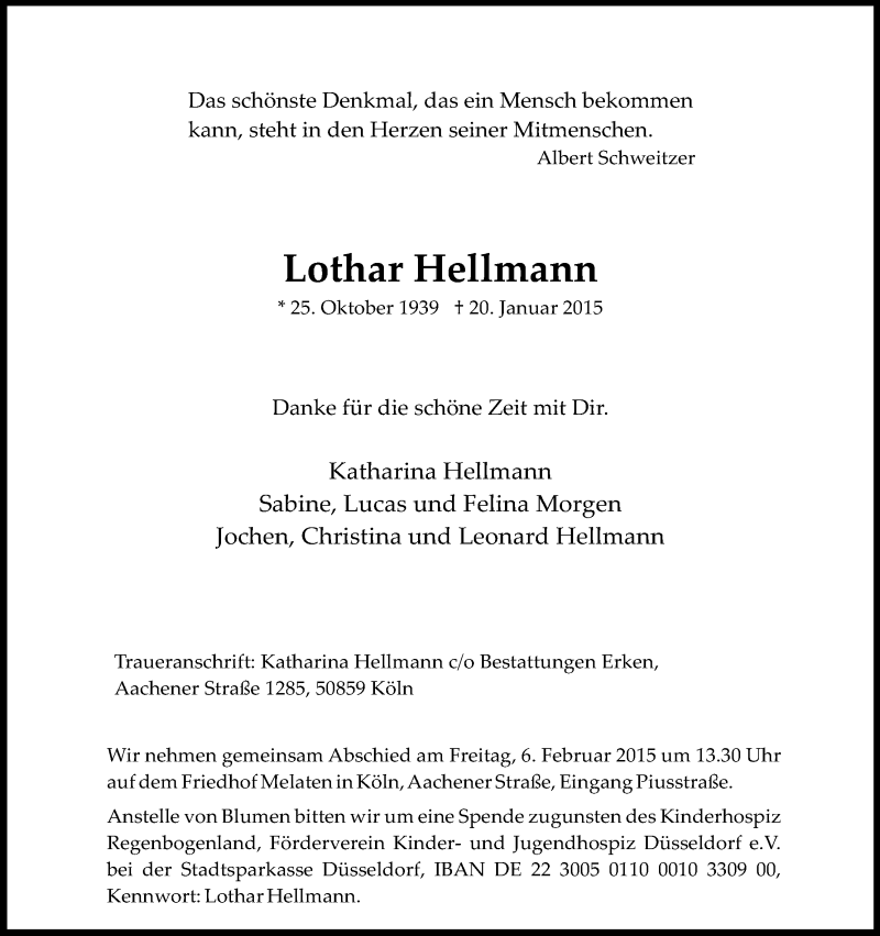  Traueranzeige für Lothar Hellmann vom 31.01.2015 aus Kölner Stadt-Anzeiger / Kölnische Rundschau / Express