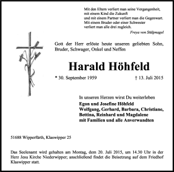 Anzeige von Harald Höhfeld von Kölner Stadt-Anzeiger / Kölnische Rundschau / Express