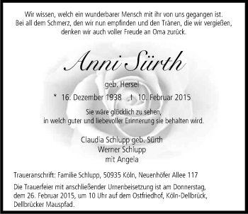 Anzeige von Anni Sürth von Kölner Stadt-Anzeiger / Kölnische Rundschau / Express