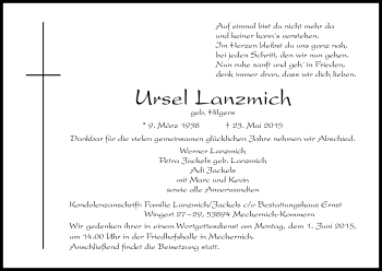 Anzeige von Ursel Lanzmich von Kölner Stadt-Anzeiger / Kölnische Rundschau / Express