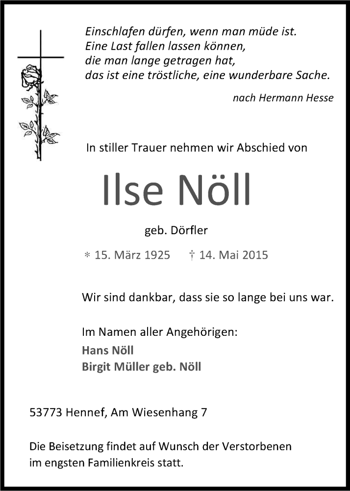  Traueranzeige für Ilse Nöll vom 23.05.2015 aus Kölner Stadt-Anzeiger / Kölnische Rundschau / Express