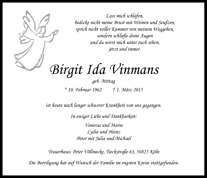  Traueranzeige für Birgit Ida Vinmans vom 09.03.2015 aus Kölner Stadt-Anzeiger / Kölnische Rundschau / Express