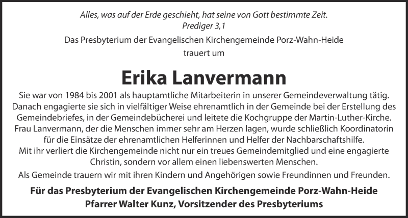  Traueranzeige für Erika Lanvermann vom 01.07.2015 aus  Kölner Wochenspiegel 